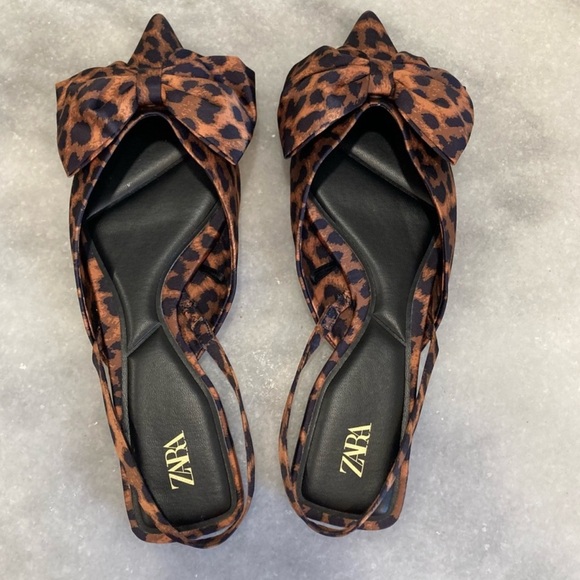 ZARA Leopard Animal Print Big Bow Slingback Flats Shoes - Picture 2 of 4